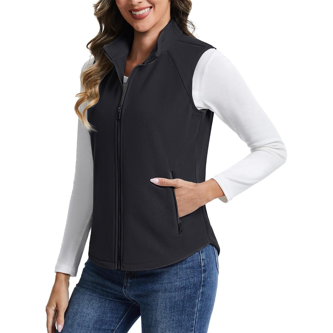 Women's lightweight polyester fleece vest full-zip stand-up collar travel-ready warm layer
