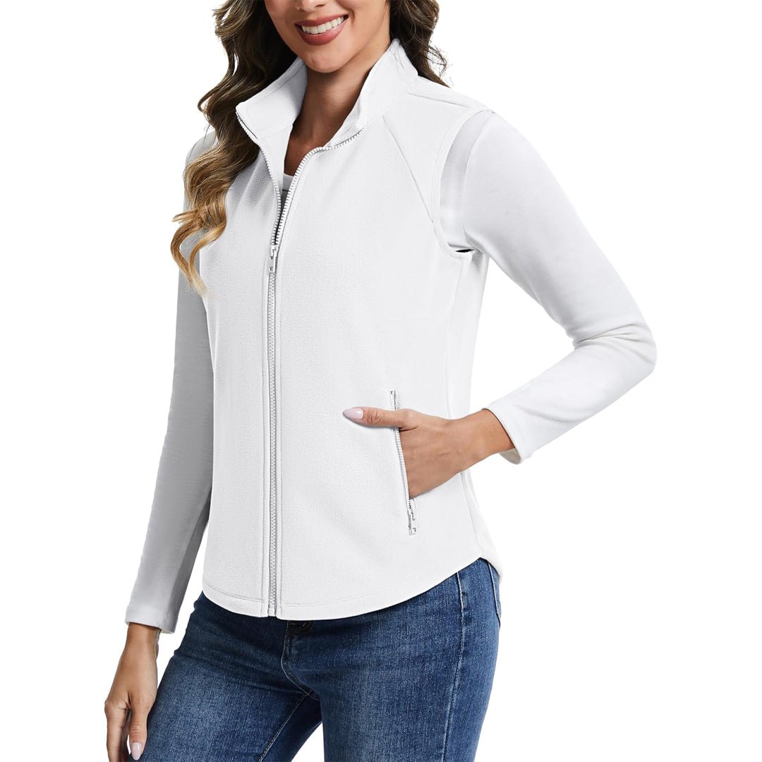 Women's lightweight full-zip fleece vest with stand-up collar, travel-ready warmth in soft polyester