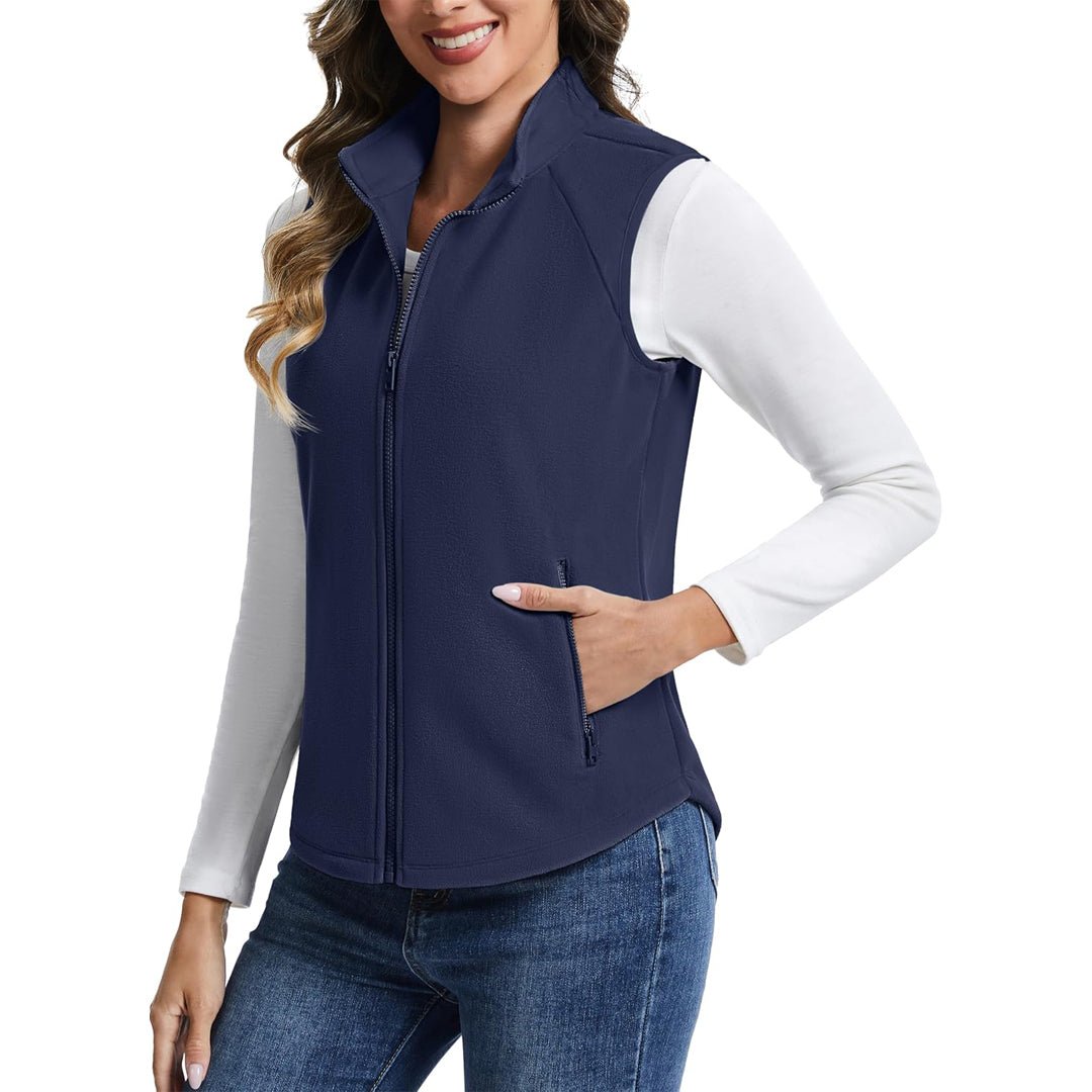 Women's lightweight full-zip fleece vest with stand-up collar, travel-ready warmth for fall winter