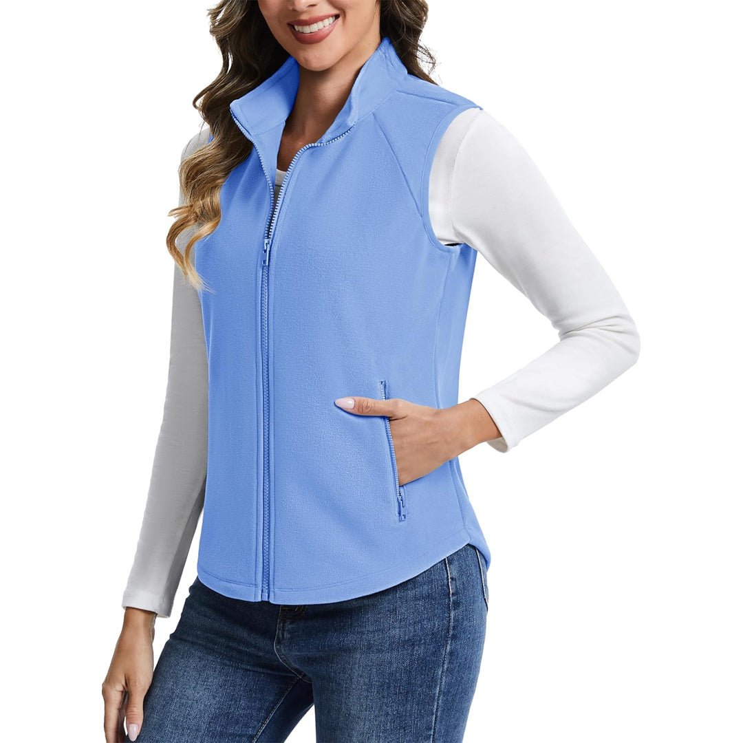 Women's lightweight full-zip fleece vest with stand-up collar in travel-ready style for warmth