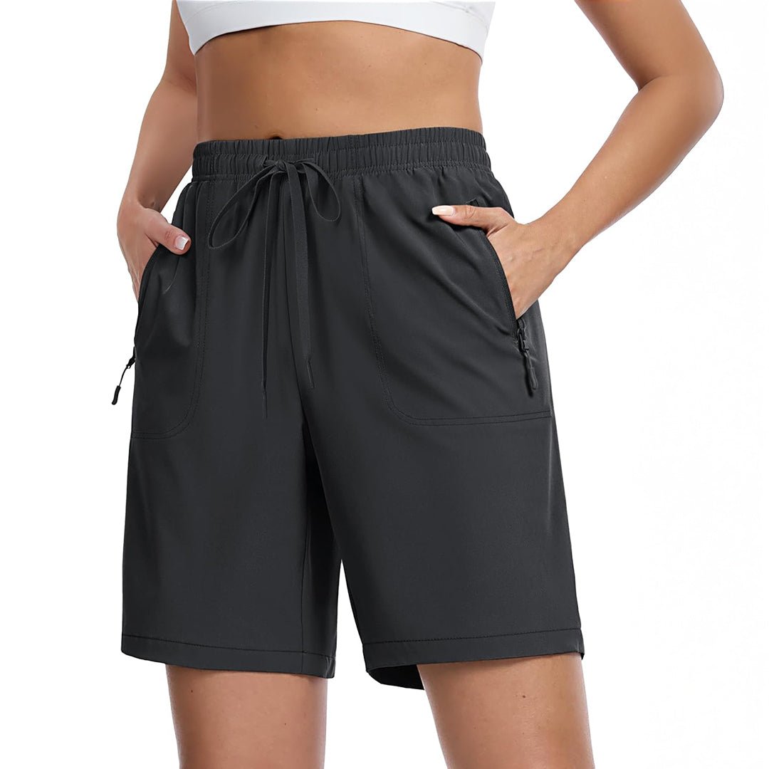 Women's lightweight quick-dry hiking shorts in neutral tone, 8-inch inseam with multi-pocket design