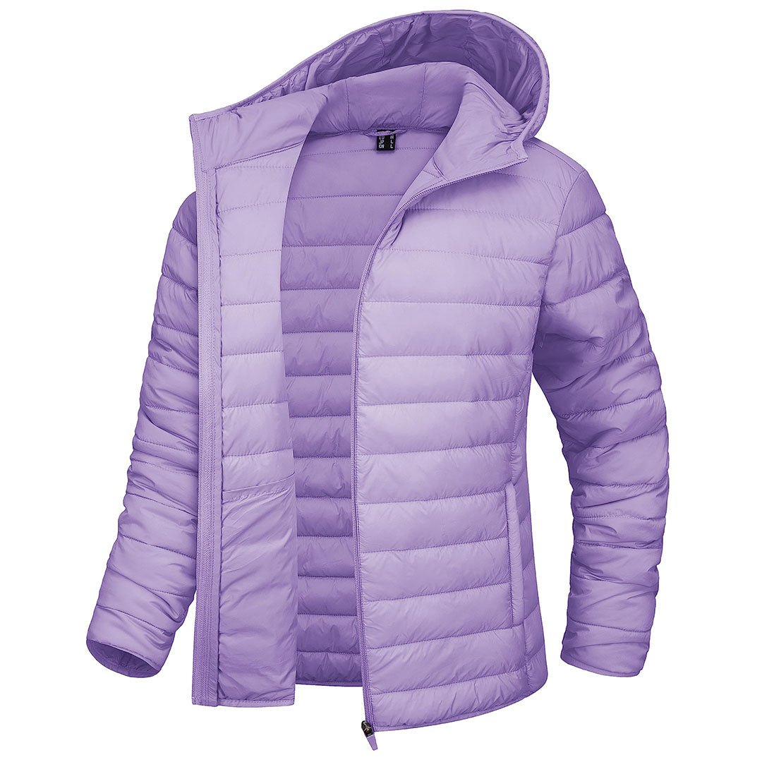 Women's hooded puffer jacket full-zip water-resistant winter coat sleek silhouette outdoor wear