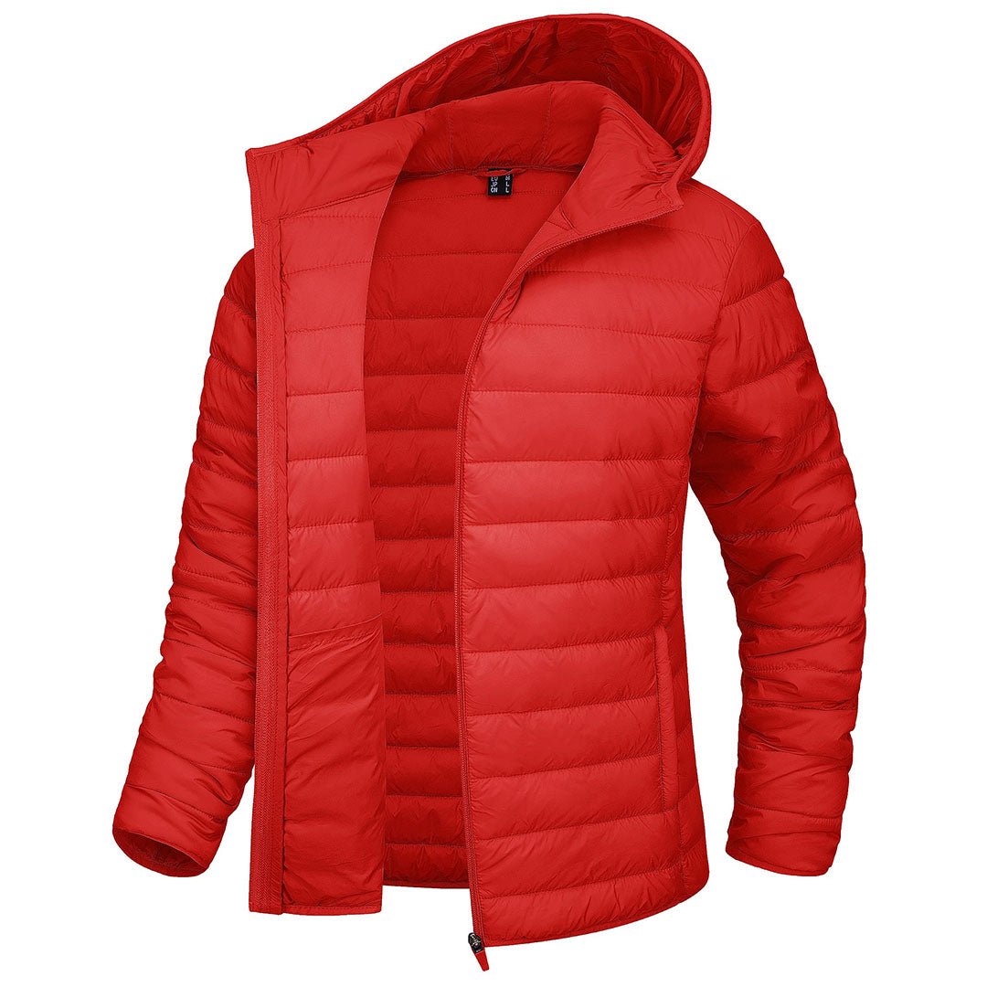 Women's black hooded puffer jacket full-zip water-resistant winter coat sleek outdoor silhouette