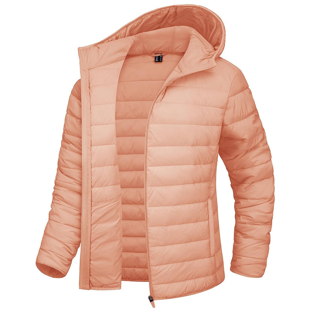 Women's hooded puffer jacket full-zip water-resistant winter coat sleek silhouette outdoor wear