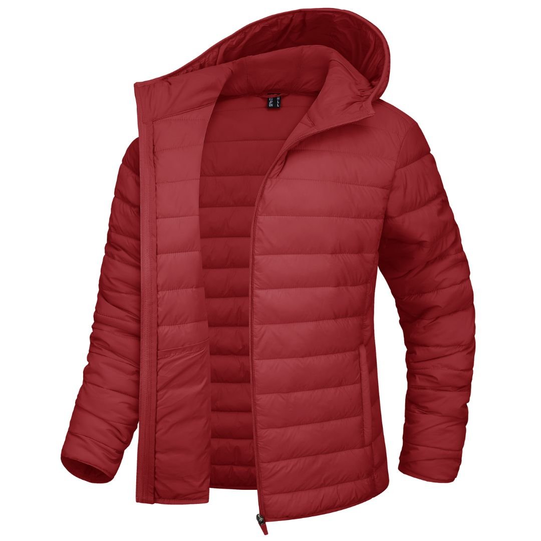Women's black hooded puffer jacket full-zip water-resistant winter coat sleek outdoor silhouette