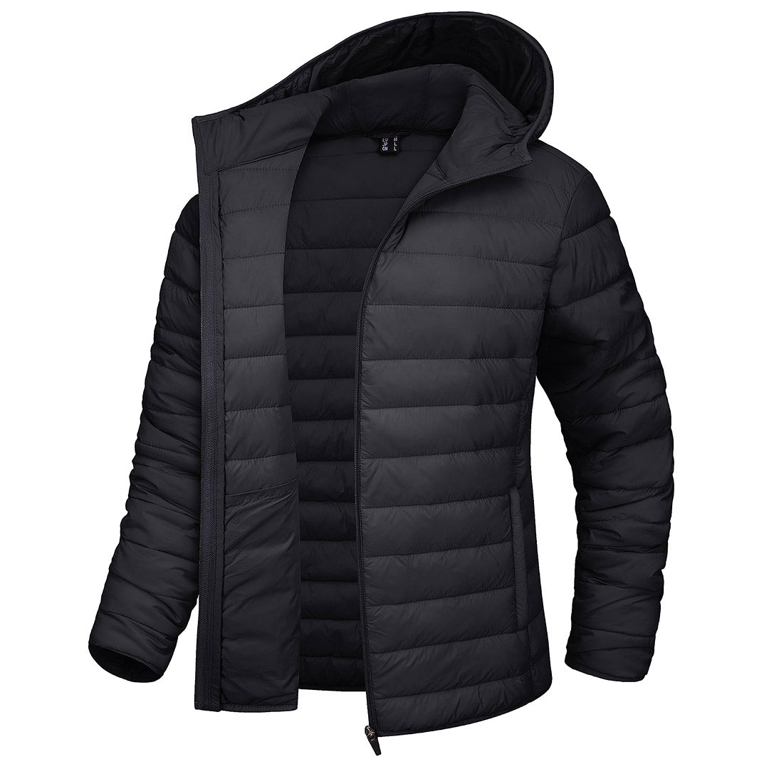 Women's navy blue hooded puffer jacket full-zip water-resistant winter coat sleek silhouette