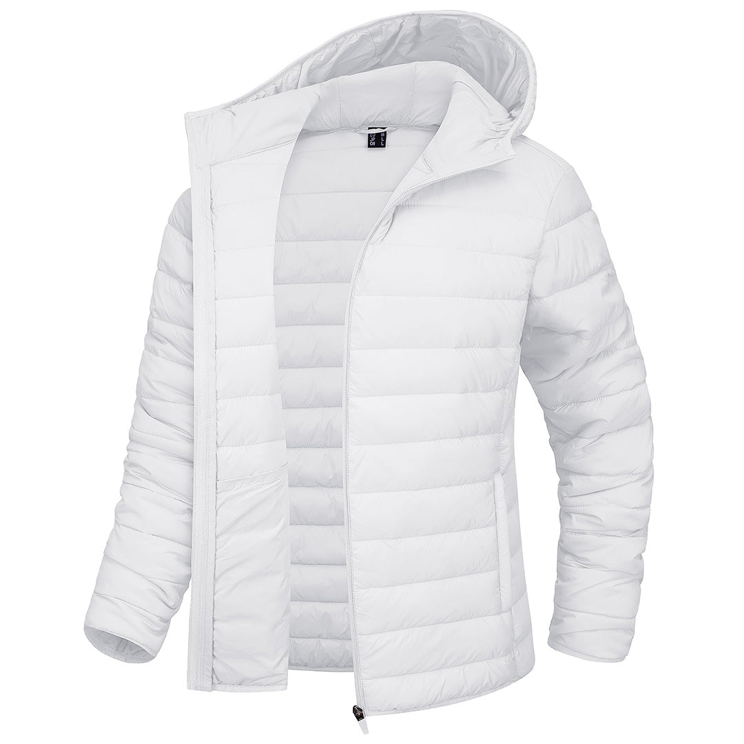 Women's hooded puffer jacket full-zip water-resistant nylon winter coat sleek silhouette