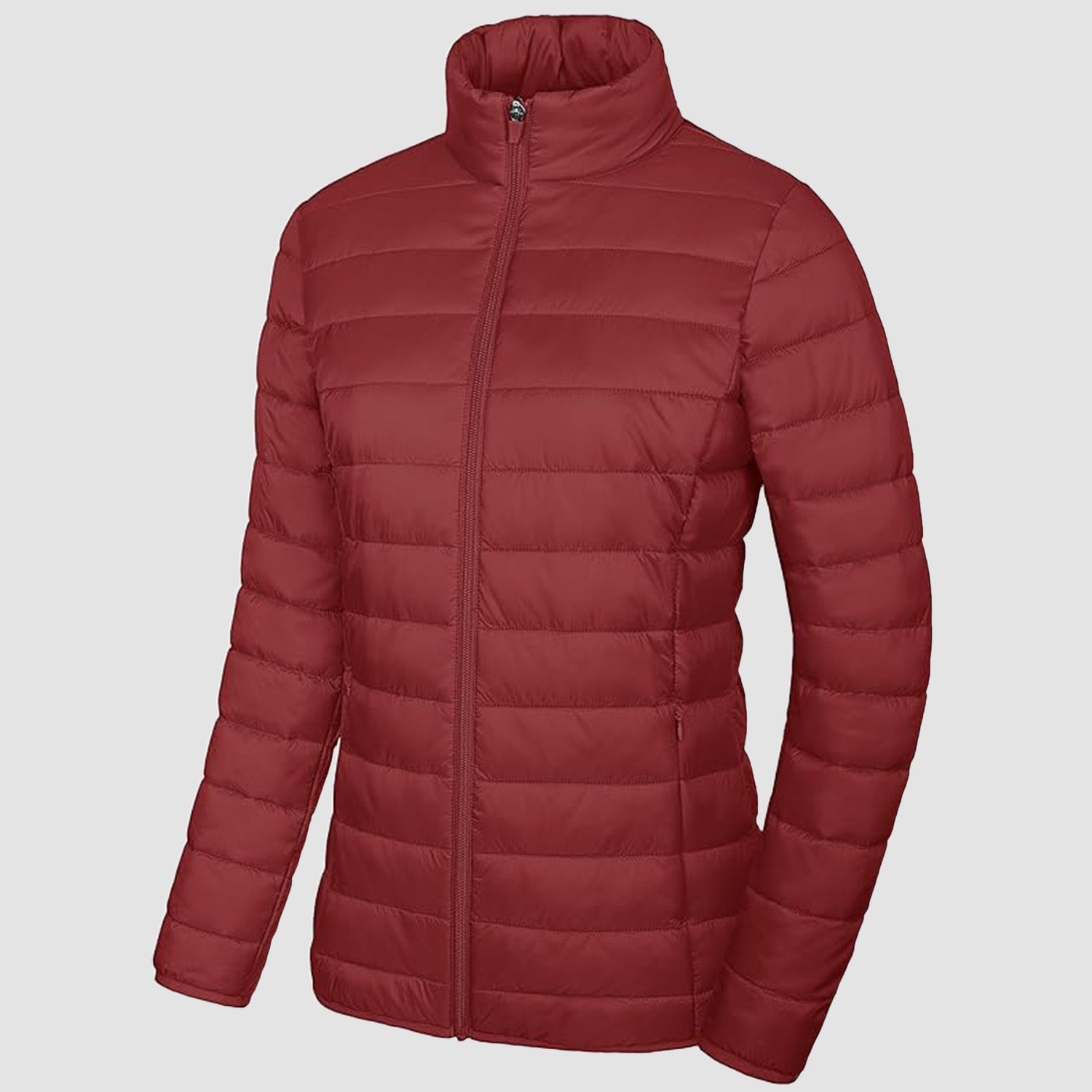Women's lightweight quilted puffer jacket full-zip windproof nylon with secure pockets