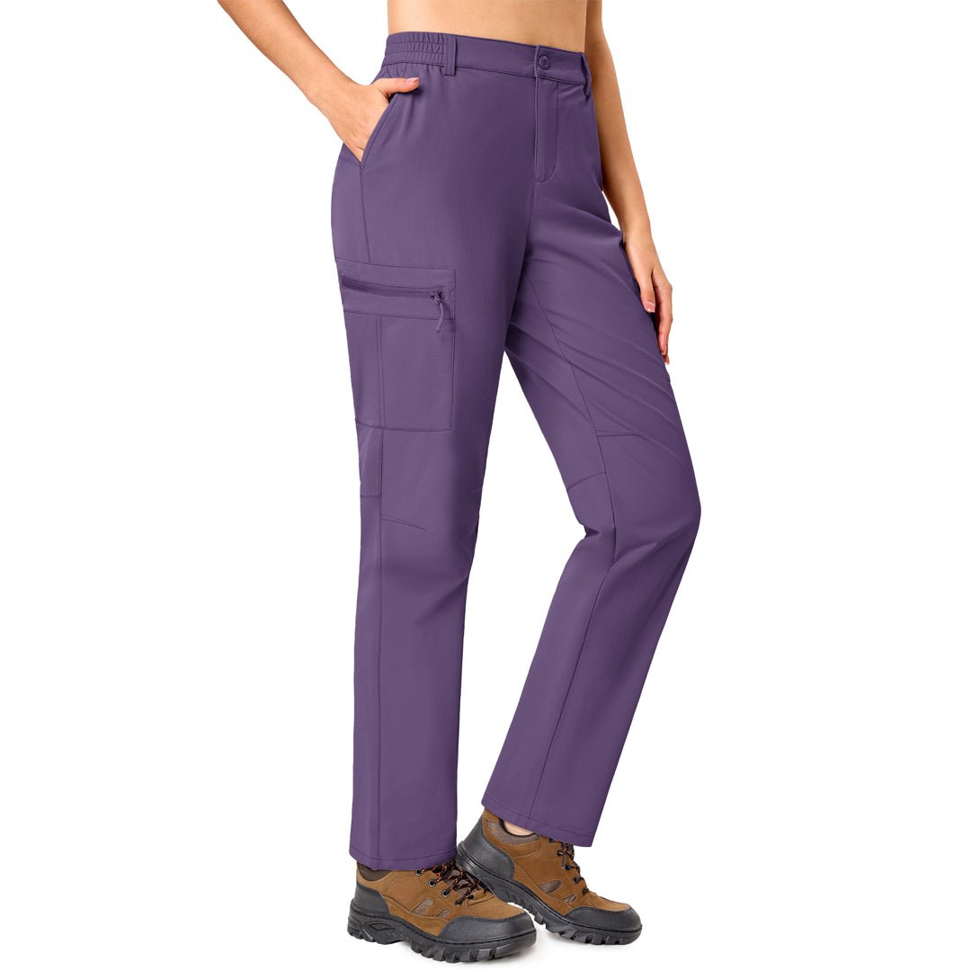 Women's lightweight khaki hiking cargo pants with 5-pocket design and adjustable waistband