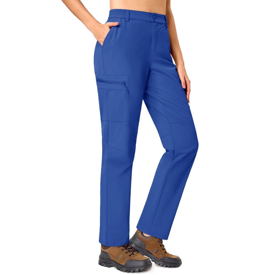 Women's lightweight khaki hiking cargo pants with water-resistant fabric, 5 pockets, and adjustable waistband