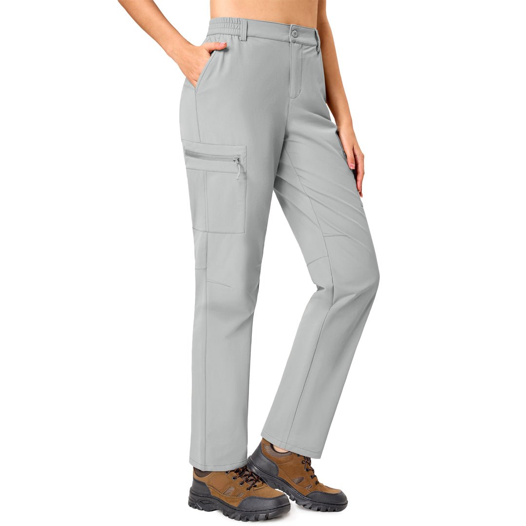 Women's lightweight khaki hiking cargo pants with 5-pocket design and adjustable waistband, water resistant