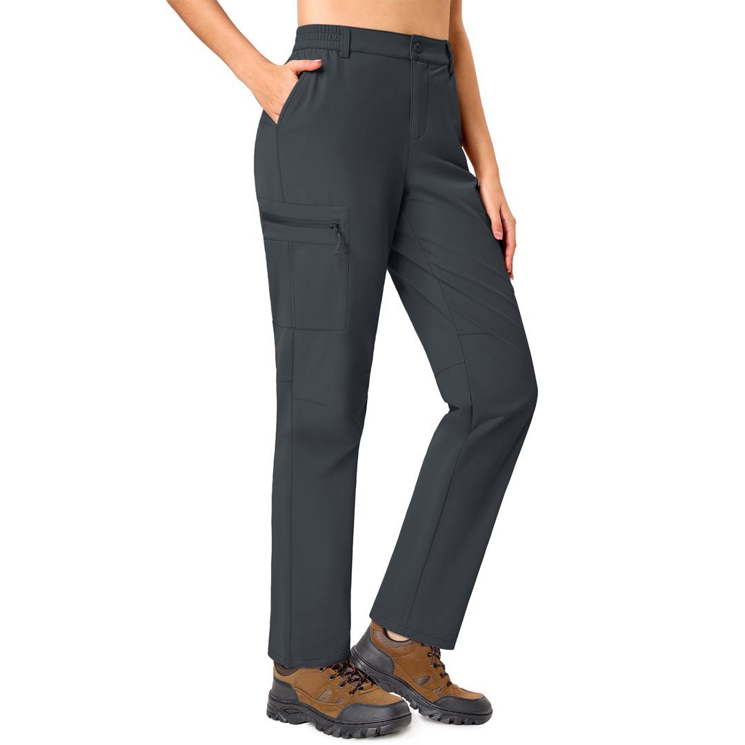 Women's lightweight khaki hiking cargo pants with 5-pocket design and adjustable waistband for trails