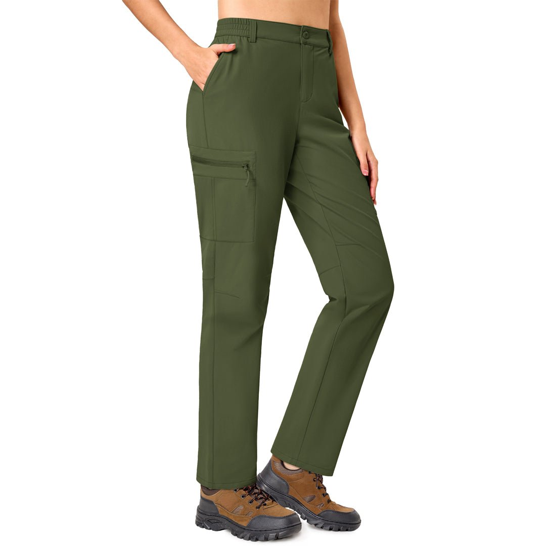 Women's lightweight khaki hiking cargo pants with 5 pockets, water-resistant nylon-spandex stretch fit