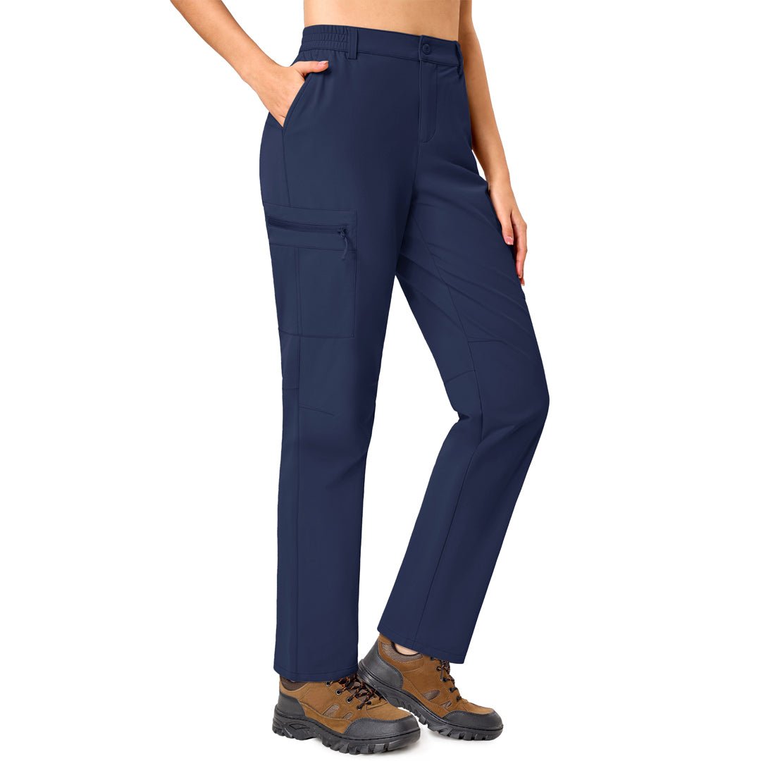 Women's lightweight khaki hiking cargo pants with 5 pockets and adjustable waistband, water resistant