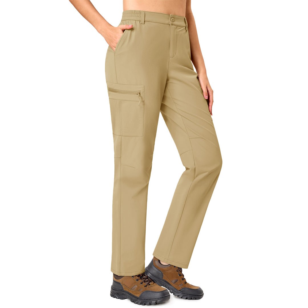 Women's lightweight khaki hiking cargo pants with 5-pocket design and adjustable waistband for trails