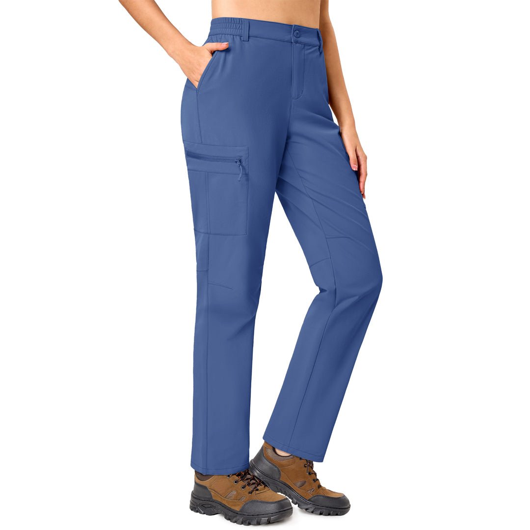 Women's lightweight khaki hiking cargo pants with 5 pockets, water-resistant nylon-spandex stretch fit