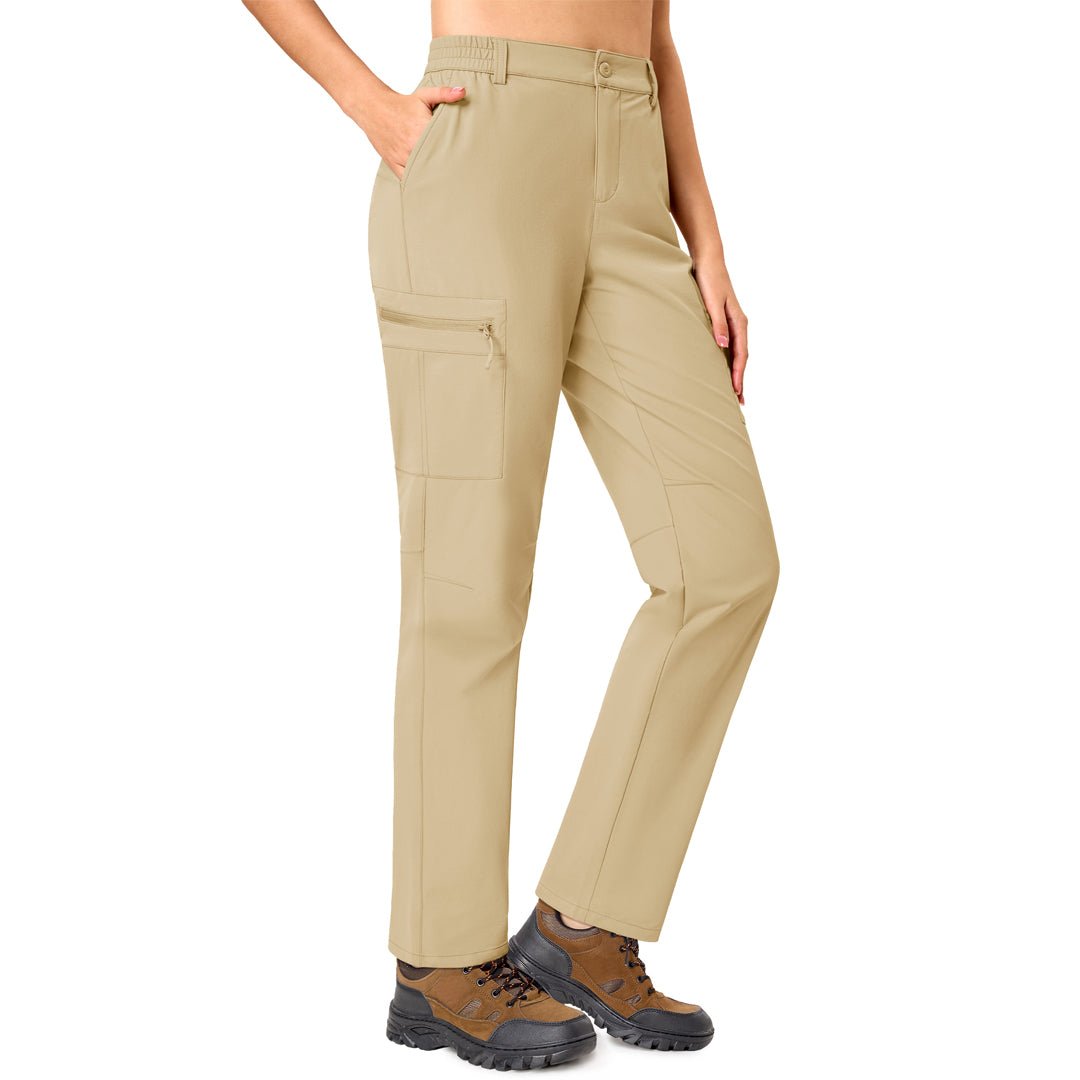 Women's lightweight khaki hiking cargo pants with 5-pocket design and adjustable waistband for outdoor trails