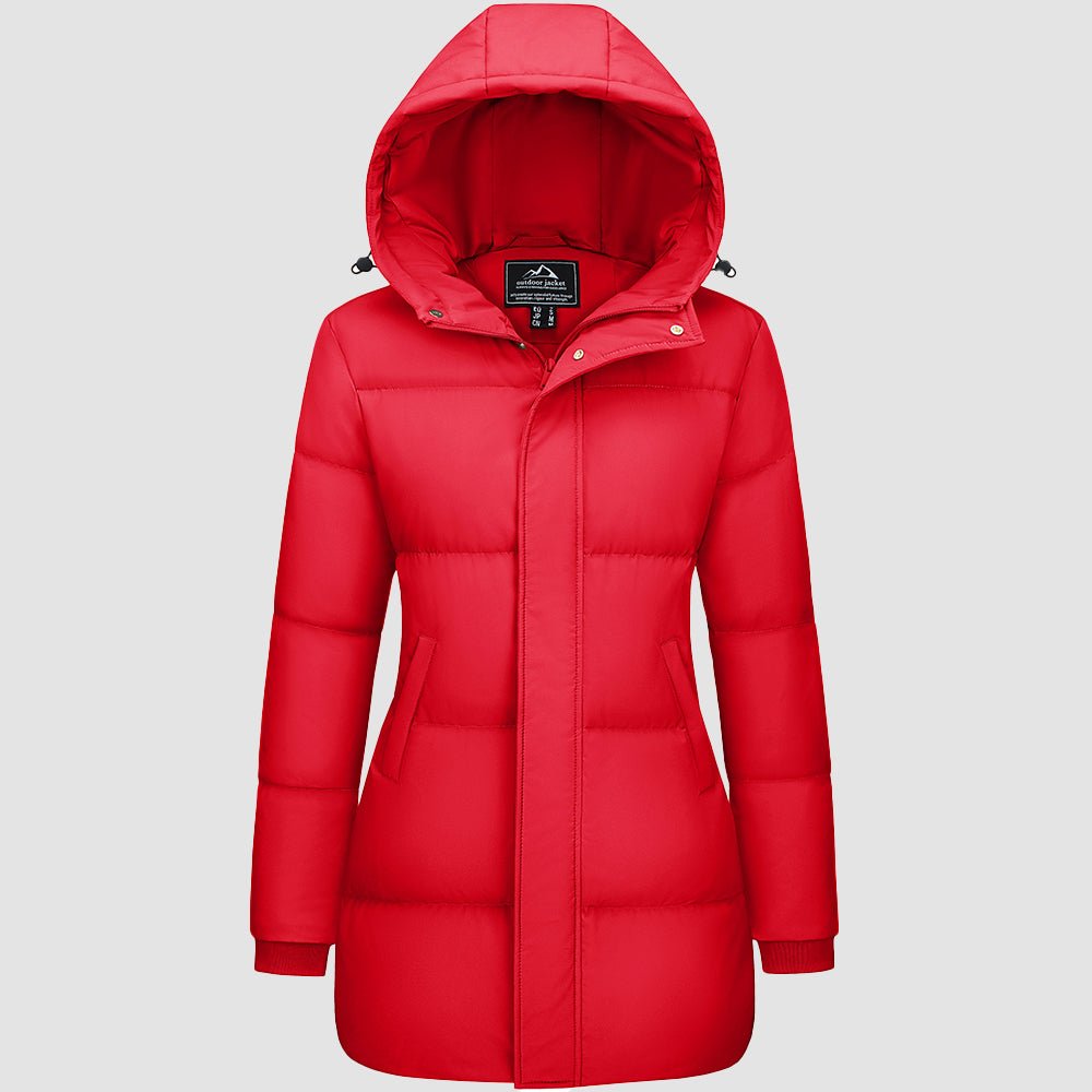 Women's long black hooded down parka waterproof winter coat 85% duck down insulation extreme cold