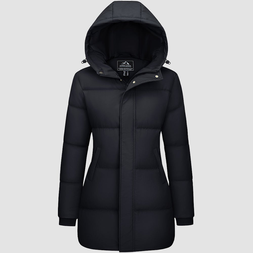 Women's long black hooded down parka waterproof winter coat with 85% duck down insulation