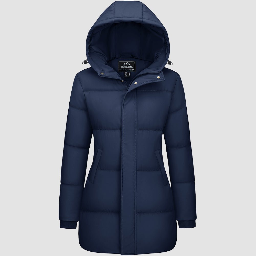 Women's long black hooded down parka, waterproof winter puffer coat with 85% duck down insulation