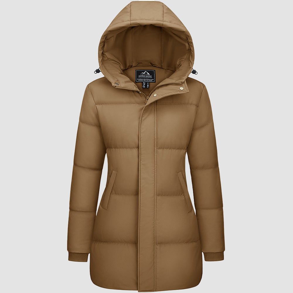 Women's long black hooded down parka waterproof winter coat 85% duck down insulation extreme cold