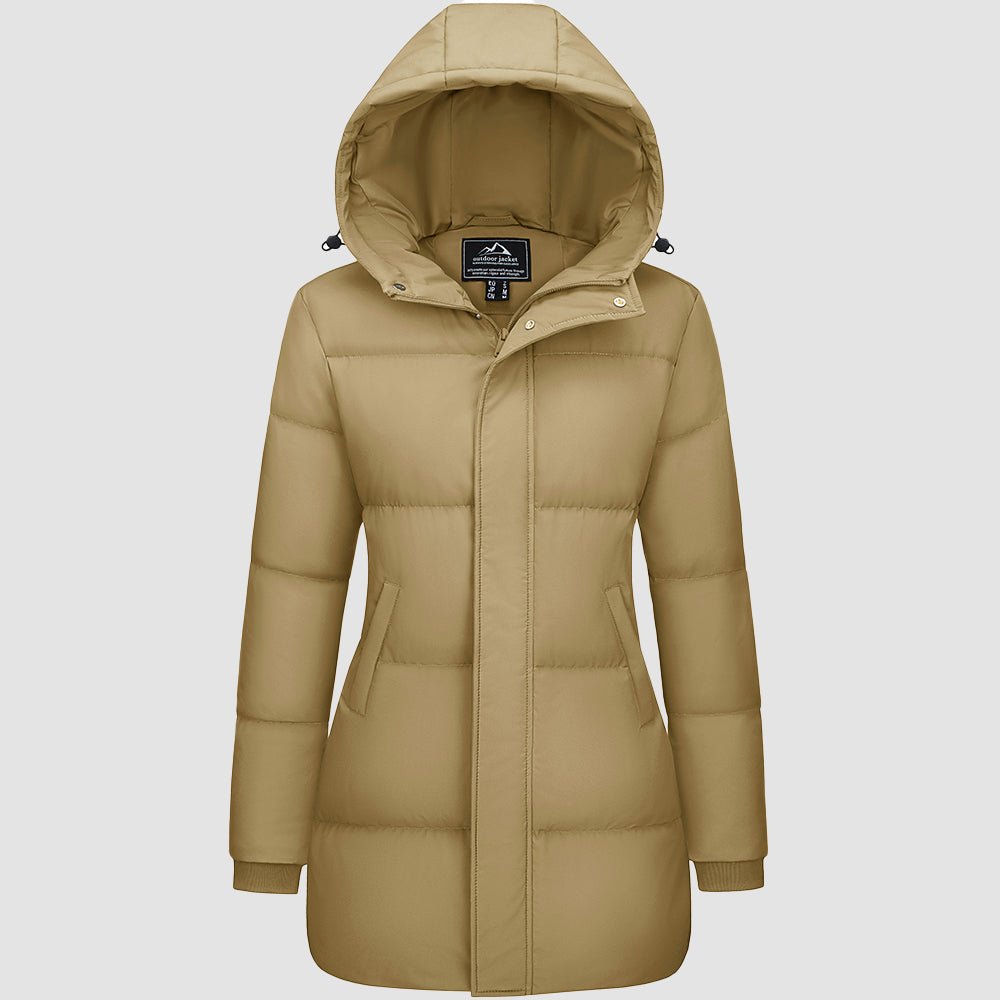 Women's long black hooded down parka waterproof puffer coat with 85% duck down insulation