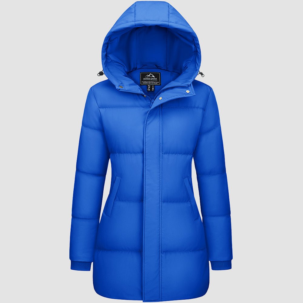 Women's long black hooded down parka waterproof puffer coat with 85% duck down insulation