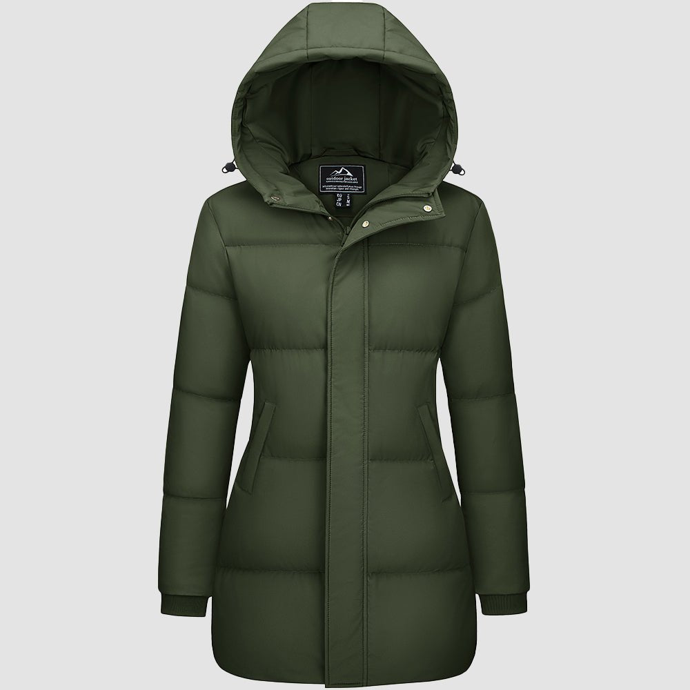 Women's long black hooded down parka waterproof winter coat 85% duck down extreme cold insulation