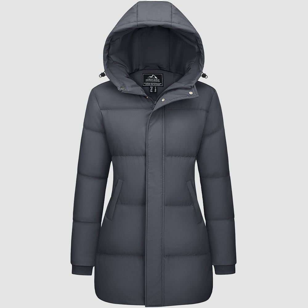 Women's long black hooded down parka, waterproof winter puffer coat with 85% duck down insulation