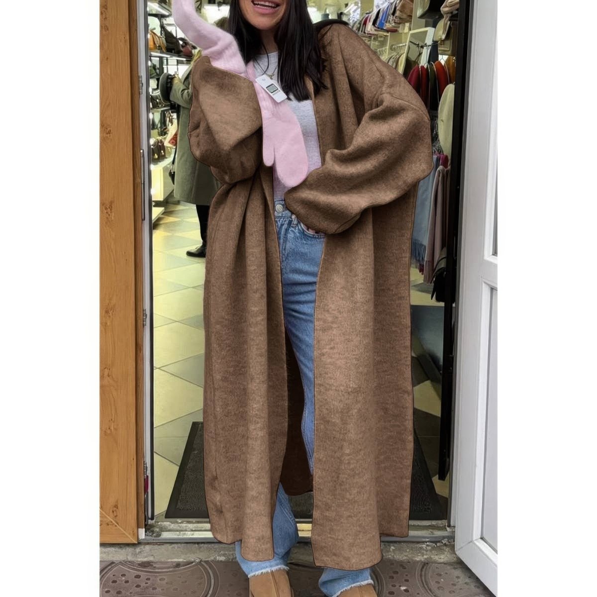 Women's long open front knit cardigan relaxed fit neutral tone longline silhouette effortless layering