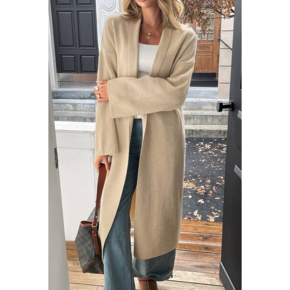 Women's long open-front knit cardigan relaxed fit longline silhouette effortless layering wardrobe staple