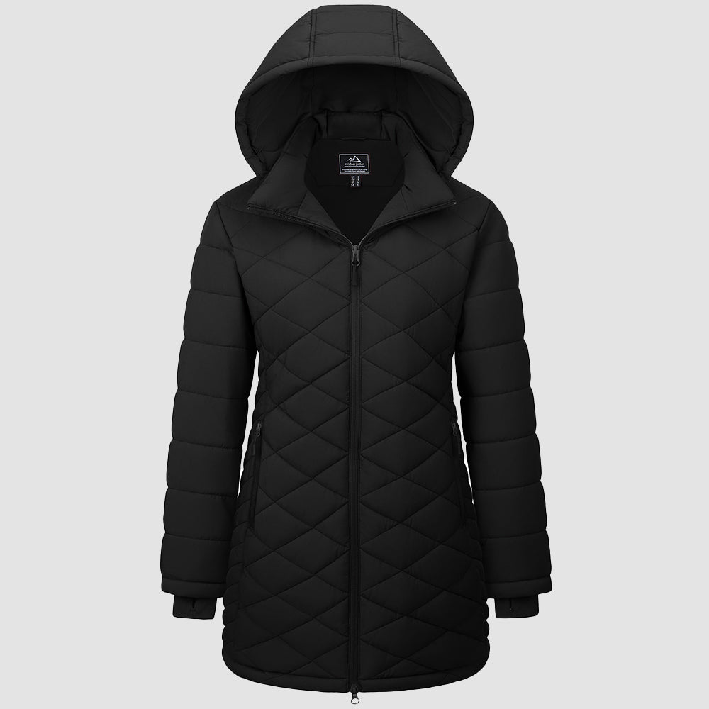 Women's long quilted puffer parka waterproof hooded winter coat ultra-warm windproof longline fit