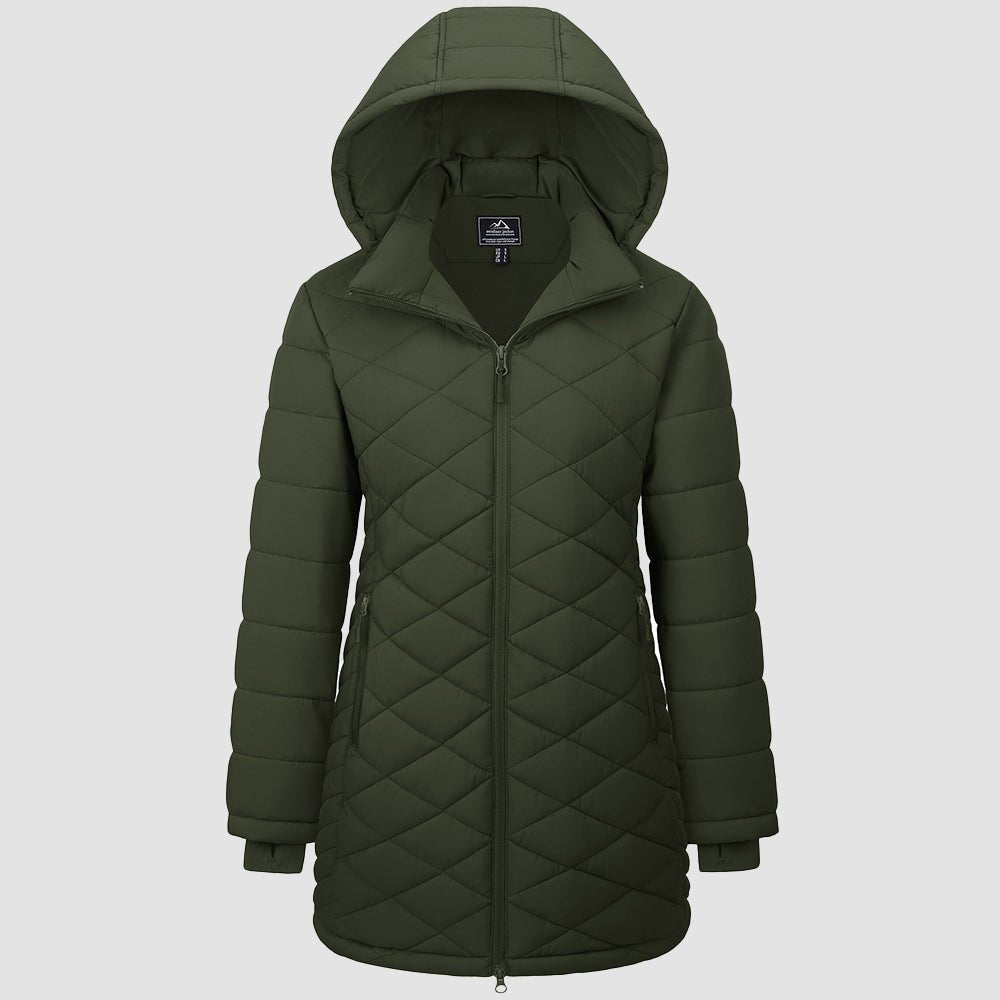 Women's longline quilted puffer parka coat, waterproof hooded winter jacket ultra-warm windproof