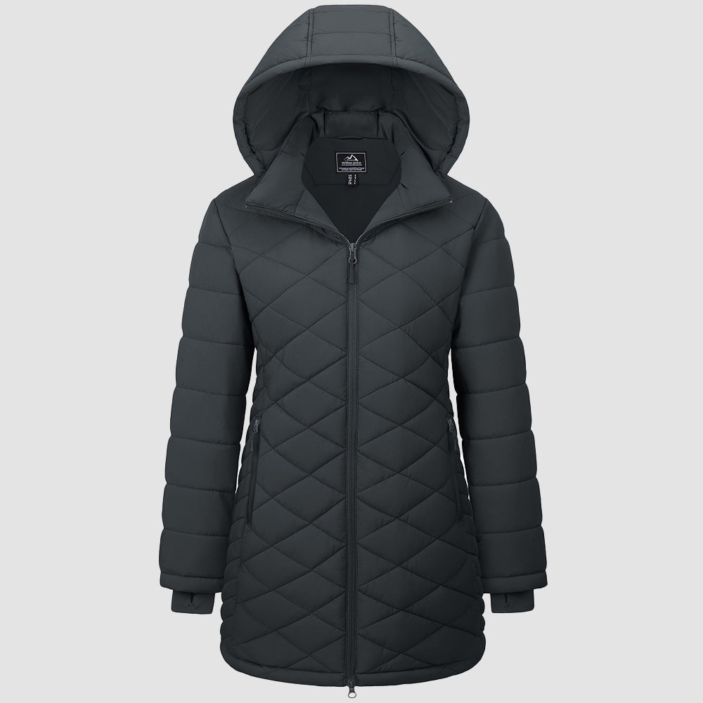 Women's long quilted puffer parka coat, waterproof windproof hood, ultra-warm winter longline fit