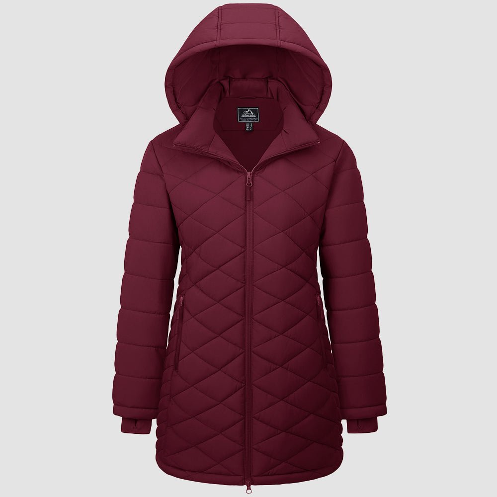 Women's long quilted puffer parka waterproof winter coat with hood, ultra-warm windproof longline fit