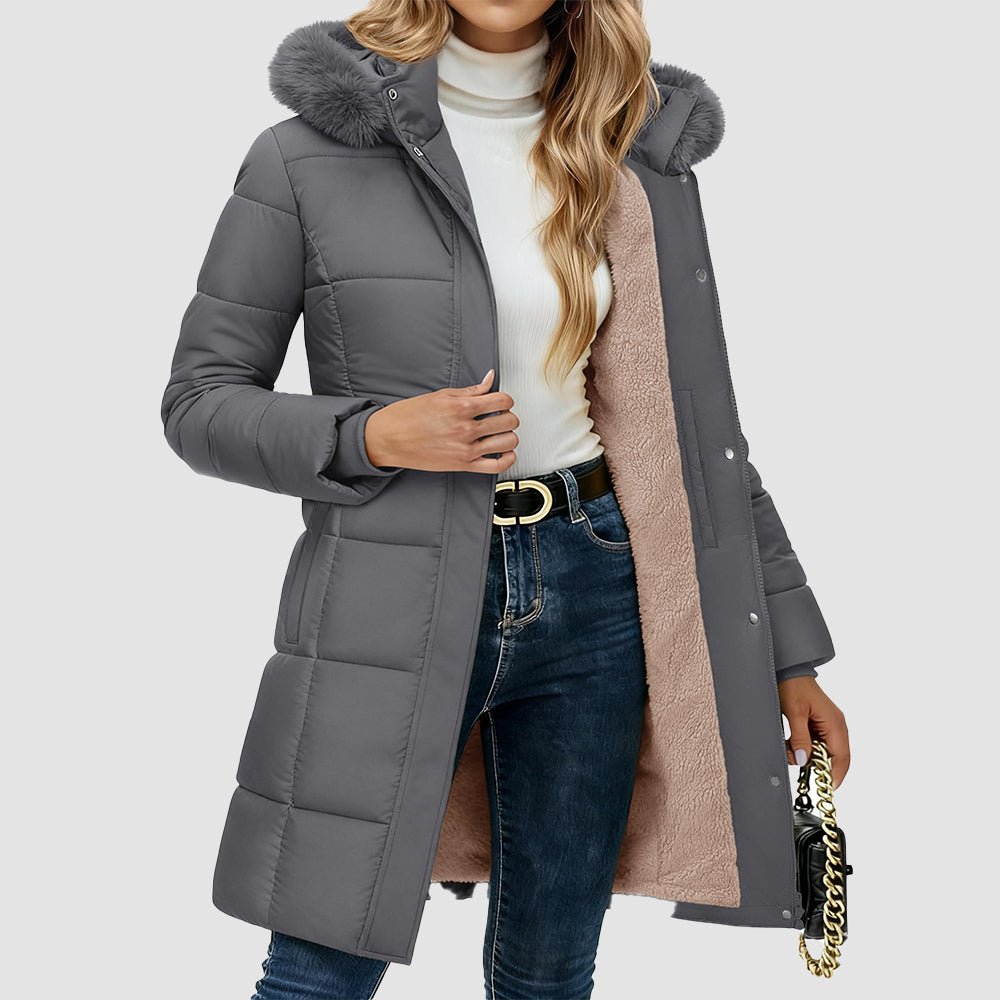 Women's knee-length black puffer coat with sherpa lining, hooded water-resistant winter parka