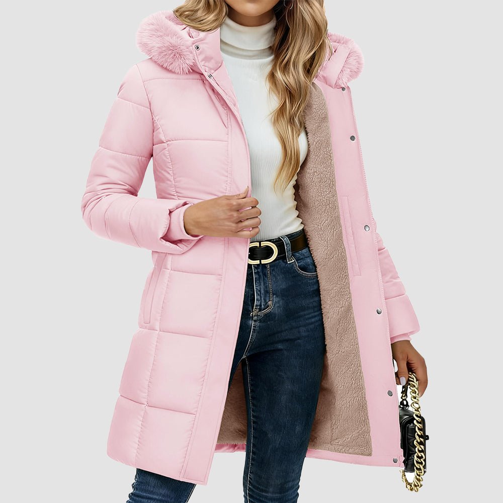 Women's knee-length sherpa lined puffer coat with hood, ultra-warm water-resistant winter parka