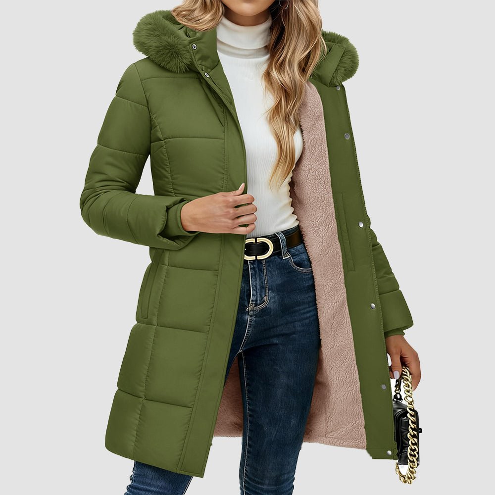 Women's knee-length sherpa lined puffer coat with hood, ultra-warm water-resistant winter parka