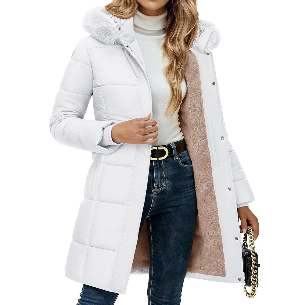 Women's knee-length sherpa lined puffer coat with hood, water-resistant ultra-warm winter parka