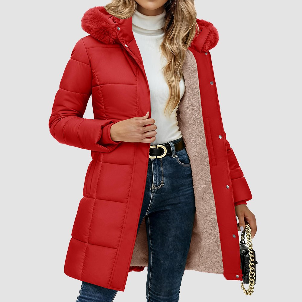 Women's knee-length sherpa lined puffer coat with hood, ultra-warm water-resistant winter parka