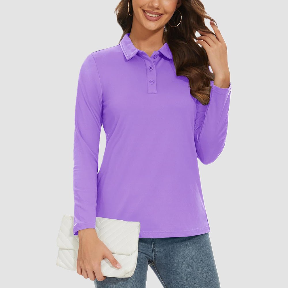 Women's white UPF 50+ long sleeve golf polo lightweight moisture-wicking stretch fabric sun protection