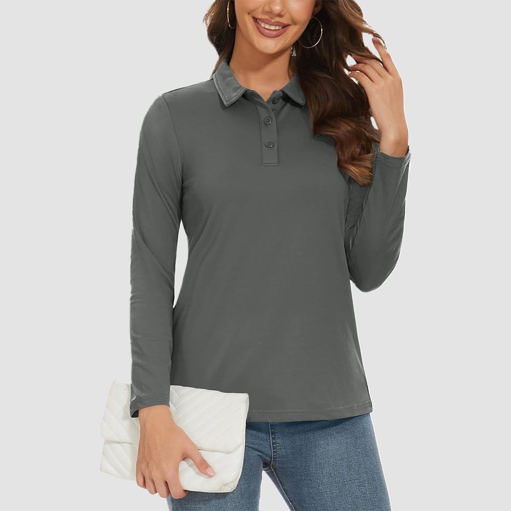 Women's white UPF 50+ long sleeve golf polo lightweight stretch moisture-wicking sun protection shirt
