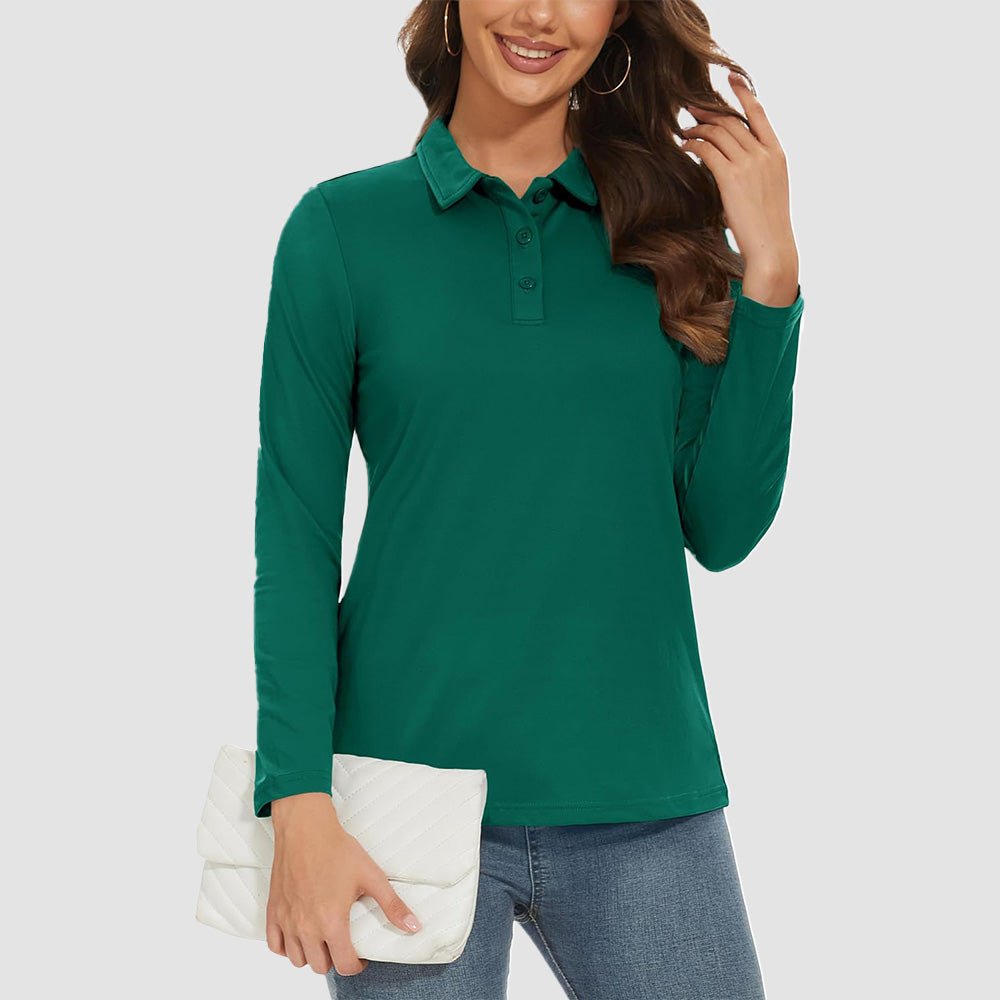 Women's white UPF 50+ long sleeve golf polo lightweight stretch moisture-wicking sun protection shirt