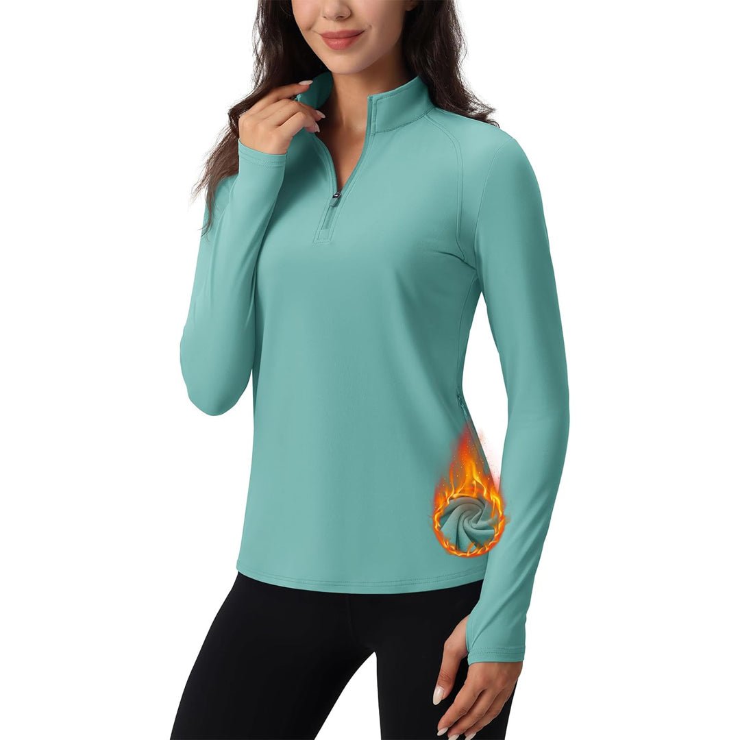 Women's long sleeve quarter-zip running top, moisture-wicking stretch fabric with hidden pockets