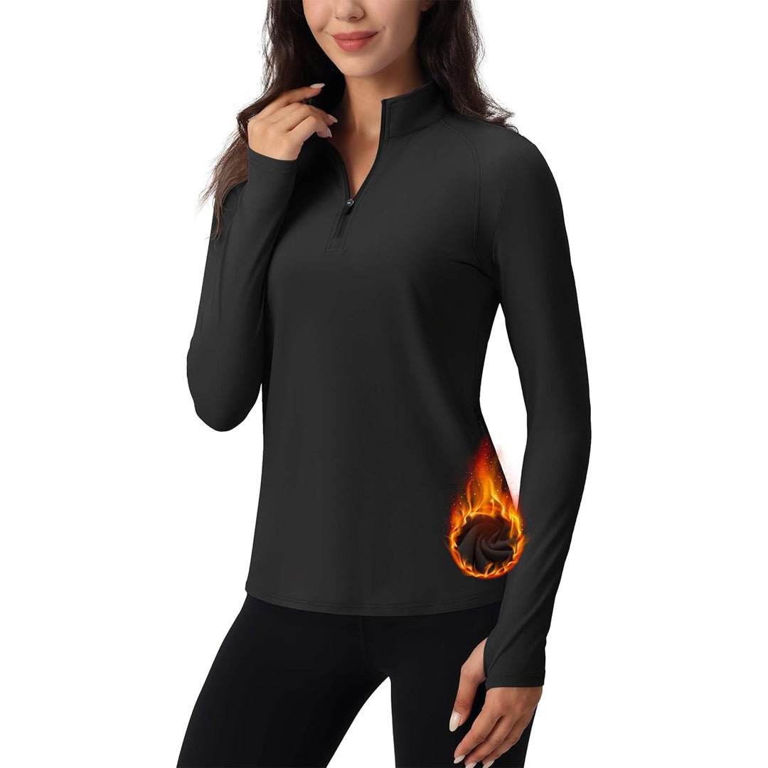Women's long sleeve quarter-zip running top, moisture-wicking stretch fabric with hidden pockets