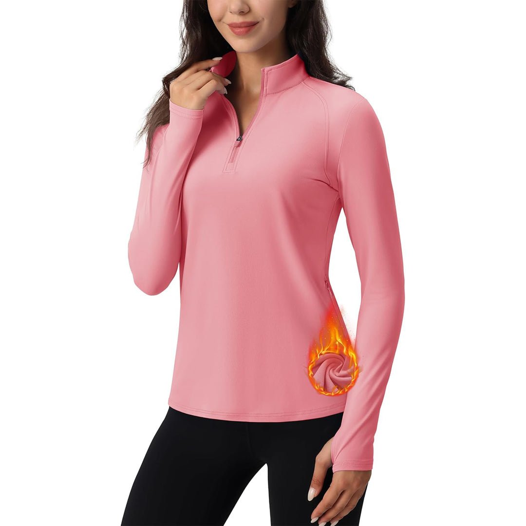 Women's long sleeve quarter-zip running top, moisture-wicking stretch fabric with hidden pockets