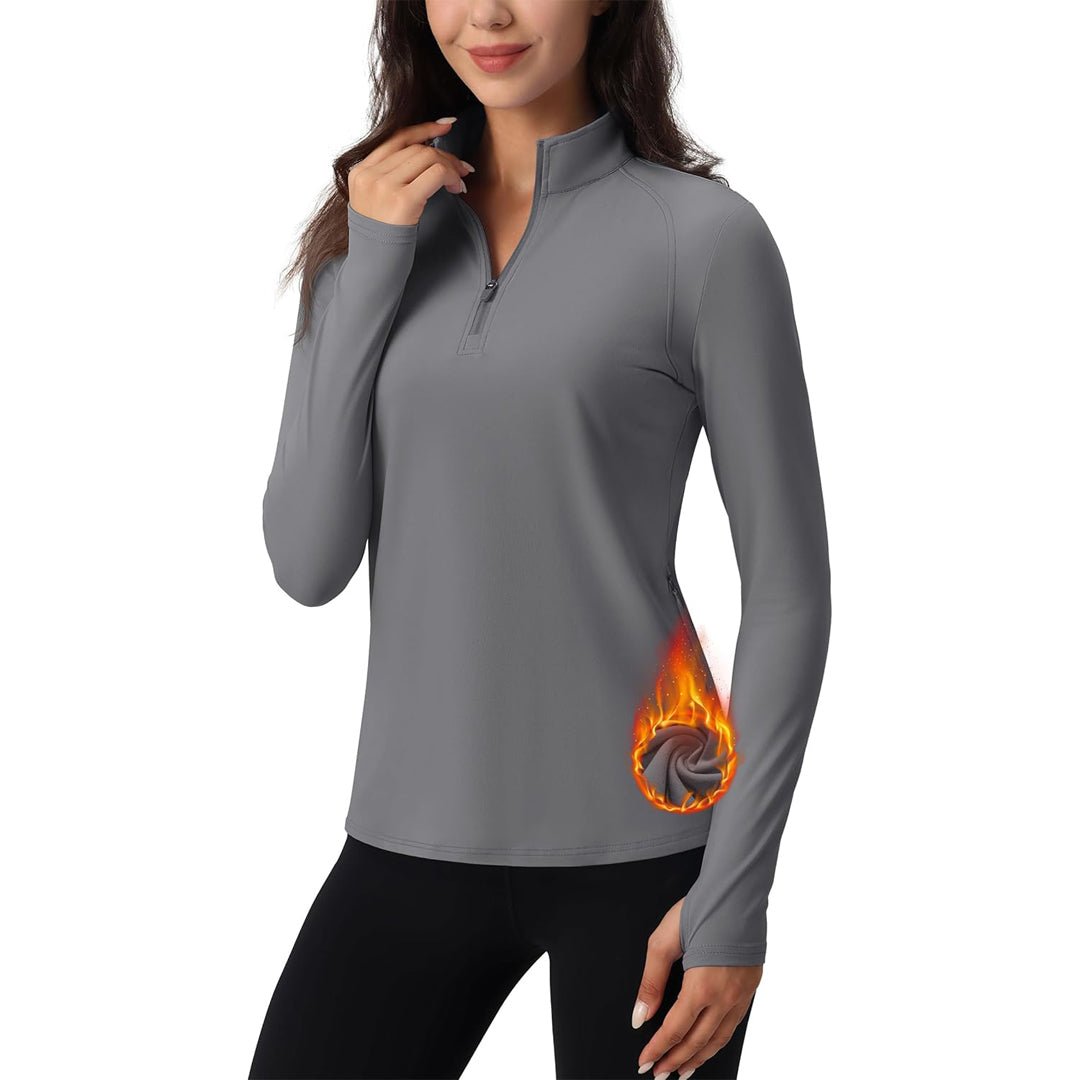 Women's long sleeve quarter-zip running top, moisture-wicking stretch fabric with hidden pockets