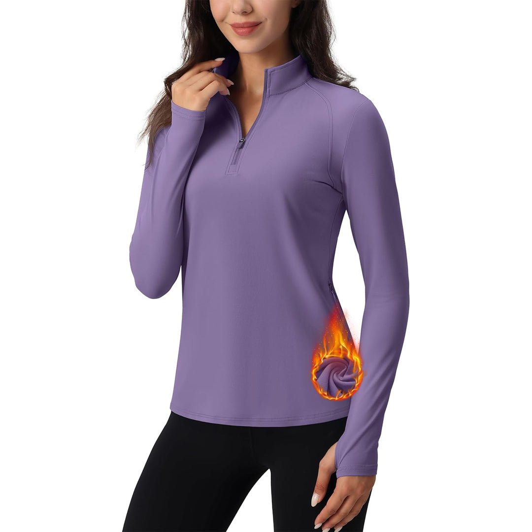 Women's long sleeve quarter-zip running top, moisture-wicking stretch fabric with hidden pockets