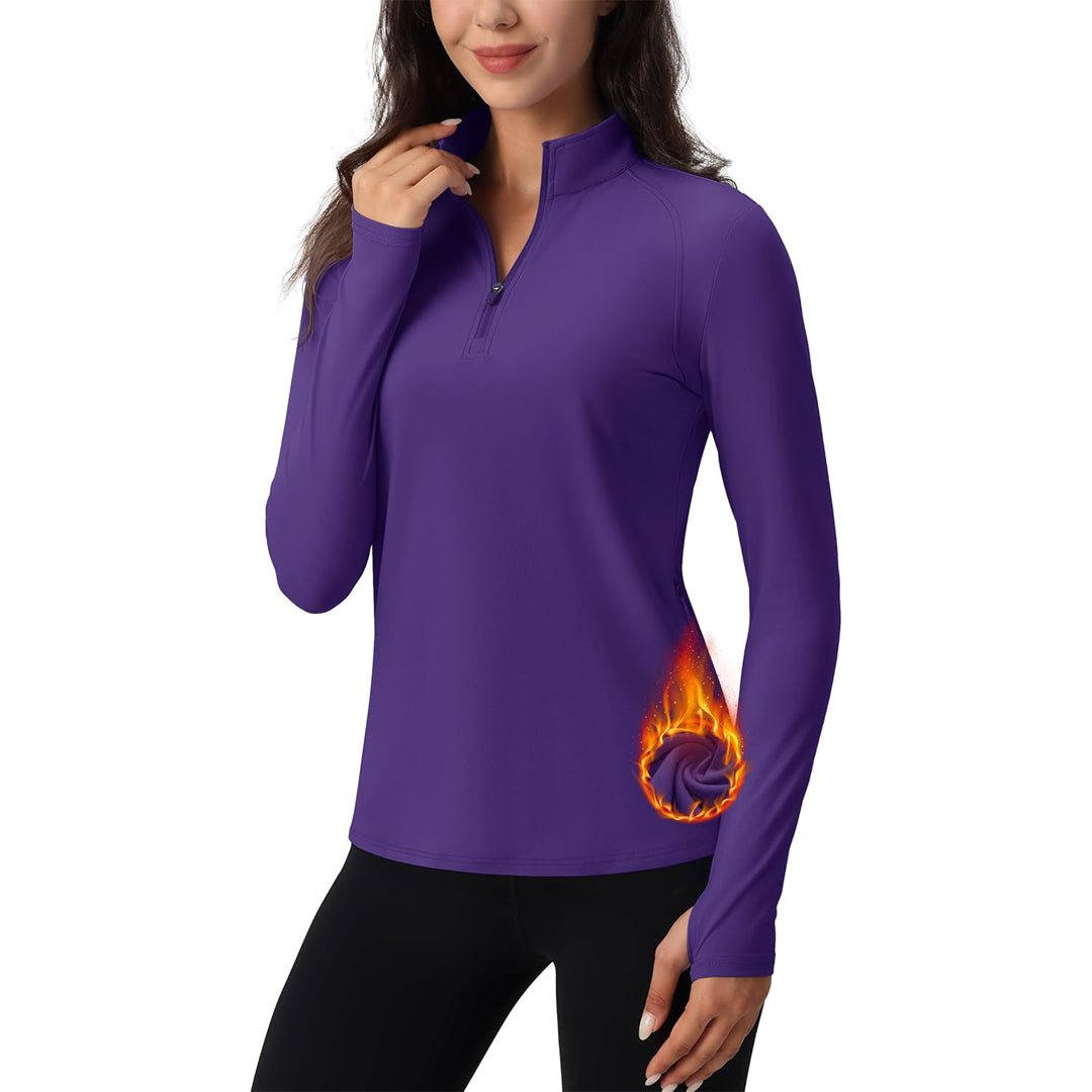 Women's long sleeve quarter-zip running top, moisture-wicking stretch fabric with hidden pockets
