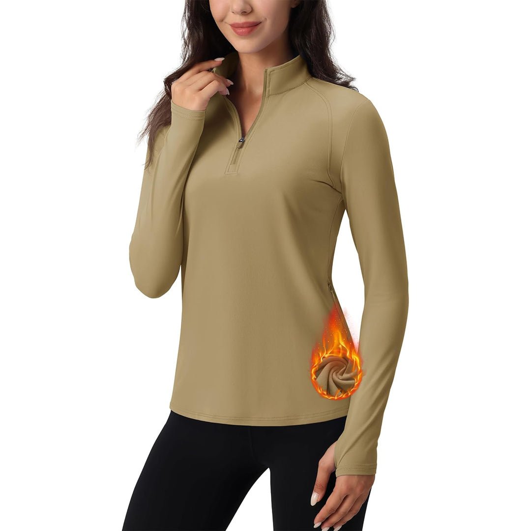 Women's long sleeve quarter-zip running top, moisture-wicking stretch fabric with hidden pockets